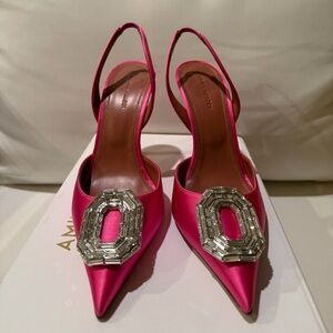 Amina Muaddi Fuchsia Satin Slingback Heels